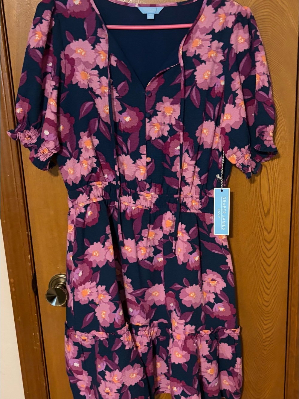 Navy Floral Button-Front Midi Dress with Pink & Purple Flowers by Draper James.